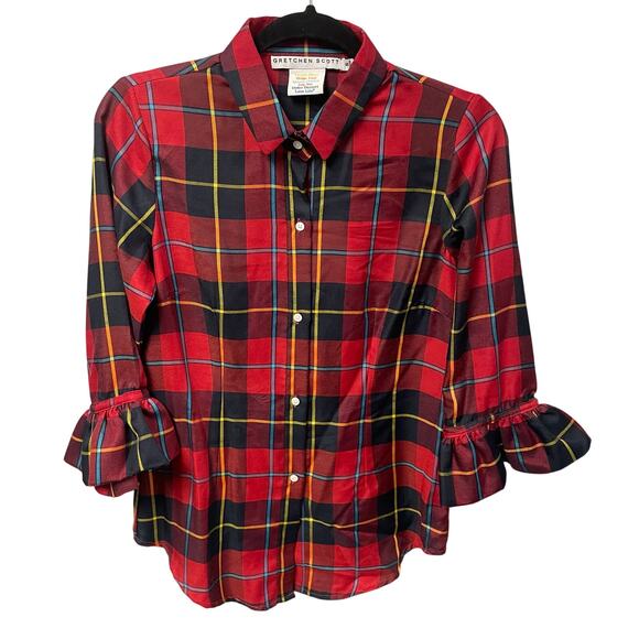 Gretchen Scott Duke of York Priss Blouse Ruffle Cuff Button Up Red Plaid Small - Picture 1 of 5
